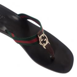Pre Owned Gucci ‘GG’ Thong Web Detail Sandals With Double ‘G’ Ornament Size 39