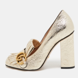 Pre Owned Gucci Gold Crinkled Leather GG Marmont Fringed Loafer Pumps Size 38