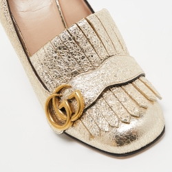 Pre Owned Gucci Gold Crinkled Leather GG Marmont Fringed Loafer Pumps Size 38