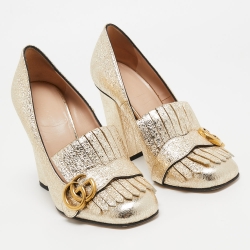 Pre Owned Gucci Gold Crinkled Leather GG Marmont Fringed Loafer Pumps Size 38