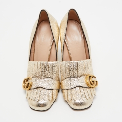 Pre Owned Gucci Gold Crinkled Leather GG Marmont Fringed Loafer Pumps Size 38