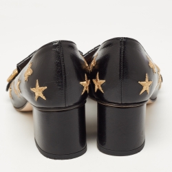 Pre Owned Gucci Black Embroidered Leather GG Marmont Fringe Pumps Size 37.5