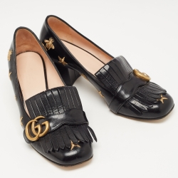 Pre Owned Gucci Black Embroidered Leather GG Marmont Fringe Pumps Size 37.5