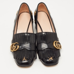 Pre Owned Gucci Black Embroidered Leather GG Marmont Fringe Pumps Size 37.5