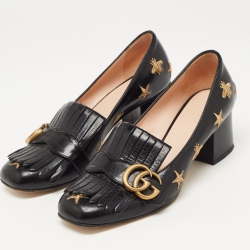 Pre Owned Gucci Black Embroidered Leather GG Marmont Fringe Pumps Size 37.5
