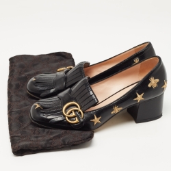 Pre Owned Gucci Black Embroidered Leather GG Marmont Fringe Pumps Size 37.5