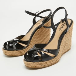 Pre Owned Gucci Black Microguccissima Patent Leather Penelope Espadrille Sandals Size 38.5 