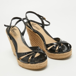 Pre Owned Gucci Black Microguccissima Patent Leather Penelope Espadrille Sandals Size 38.5 