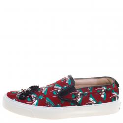 Pre Owned Gucci Red Bee Jacquard Fabric Ant Embellished Slip On Sneakers Size 38.5
