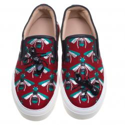 Pre Owned Gucci Red Bee Jacquard Fabric Ant Embellished Slip On Sneakers Size 38.5