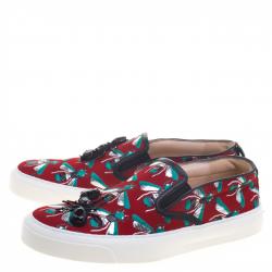 Pre Owned Gucci Red Bee Jacquard Fabric Ant Embellished Slip On Sneakers Size 38.5