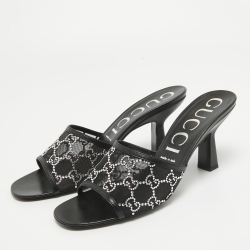 Gucci Black GG Crystal Embellished Mesh Slide Sandals Size 41.5
