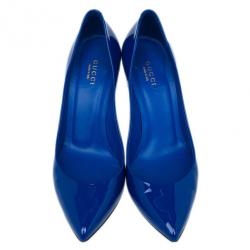 Pre Owned Gucci Blue Patent Brooke Pointed Toe Pumps Size 37.5