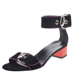 Pre Owned Gucci Black Suede Horsebit Buckle Ankle Strap Block Heel Sandals Size 36