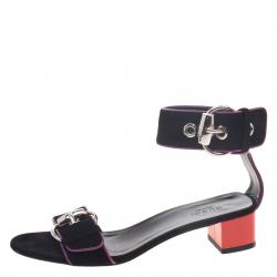 Pre Owned Gucci Black Suede Horsebit Buckle Ankle Strap Block Heel Sandals Size 36