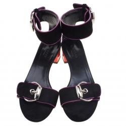 Pre Owned Gucci Black Suede Horsebit Buckle Ankle Strap Block Heel Sandals Size 36