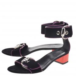 Pre Owned Gucci Black Suede Horsebit Buckle Ankle Strap Block Heel Sandals Size 36
