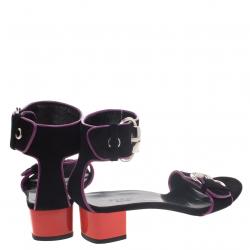 Pre Owned Gucci Black Suede Horsebit Buckle Ankle Strap Block Heel Sandals Size 36