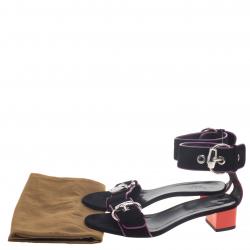 Pre Owned Gucci Black Suede Horsebit Buckle Ankle Strap Block Heel Sandals Size 36