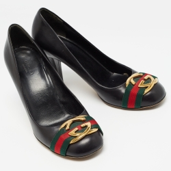 Pre Owned Gucci Black Leather Web Interlocking G Buckle Pumps Size 38