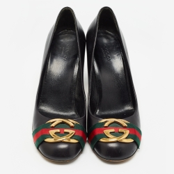 Pre Owned Gucci Black Leather Web Interlocking G Buckle Pumps Size 38