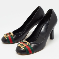 Pre Owned Gucci Black Leather Web Interlocking G Buckle Pumps Size 38