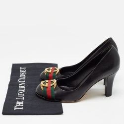 Pre Owned Gucci Black Leather Web Interlocking G Buckle Pumps Size 38