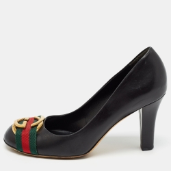Pre Owned Gucci Black Leather Web Interlocking G Buckle Pumps Size 38