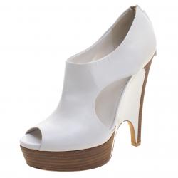 Pre Owned Gucci White Cutout Leather Clemence Platform Wedge Ankle Boots Size 37