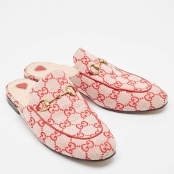 Pre Owned Gucci White/Red GG Canvas Princetown Flat Mules Size 38