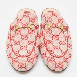 Pre Owned Gucci White/Red GG Canvas Princetown Flat Mules Size 38