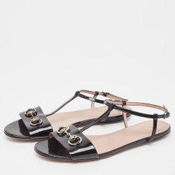 Pre Owned Gucci Black Patent Leather Horsebit T-Strap Flat Sandals Size 38