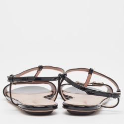 Pre Owned Gucci Black Patent Leather Horsebit T-Strap Flat Sandals Size 38