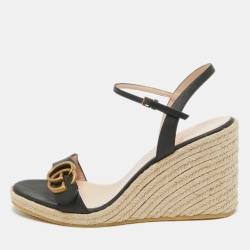 Pre Owned Gucci Black Leather Double G Wedge Espadrille Sandals Size 39.5