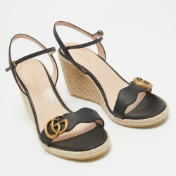 Pre Owned Gucci Black Leather Double G Wedge Espadrille Sandals Size 39.5