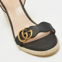Pre Owned Gucci Black Leather Double G Wedge Espadrille Sandals Size 39.5