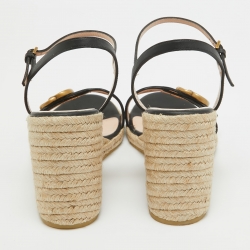 Pre Owned Gucci Black Leather Double G Wedge Espadrille Sandals Size 39.5