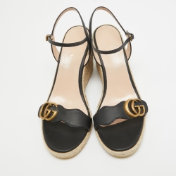Pre Owned Gucci Black Leather Double G Wedge Espadrille Sandals Size 39.5