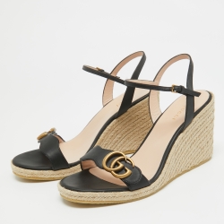 Pre Owned Gucci Black Leather Double G Wedge Espadrille Sandals Size 39.5