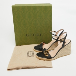 Pre Owned Gucci Black Leather Double G Wedge Espadrille Sandals Size 39.5