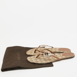 Pre Owned Gucci Brown/Metallic Bronze Interlocking G Logo Thong Slide Flats Size 38.5 