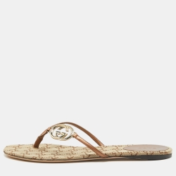 Pre Owned Gucci Brown/Metallic Bronze Interlocking G Logo Thong Slide Flats Size 38.5 
