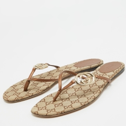 Pre Owned Gucci Brown/Metallic Bronze Interlocking G Logo Thong Slide Flats Size 38.5 