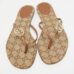 Pre Owned Gucci Brown/Metallic Bronze Interlocking G Logo Thong Slide Flats Size 38.5 