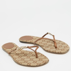 Pre Owned Gucci Brown/Metallic Bronze Interlocking G Logo Thong Slide Flats Size 38.5 