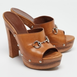 Pre Owned Gucci Brown Leather Horsebit Open Toe Clogs Size 39.5