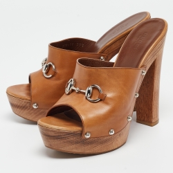 Pre Owned Gucci Brown Leather Horsebit Open Toe Clogs Size 39.5