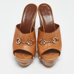 Pre Owned Gucci Brown Leather Horsebit Open Toe Clogs Size 39.5