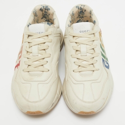 Pre Owned Gucci Beige Leather Glitter Logo Rhyton Sneakers Size 38