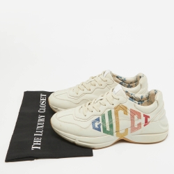 Pre Owned Gucci Beige Leather Glitter Logo Rhyton Sneakers Size 38